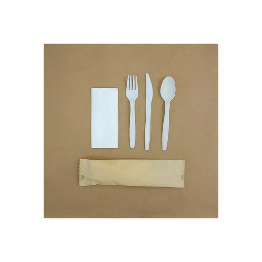 Pack Tenedor + Cuchillo + Tenedor (Almidón de Maíz) + Servilleta Kraft X 10 UNIDADES